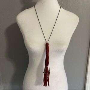 Western Boho Vegan Leather Tassel Necklace Turquoise Beads Southwest Bohemian